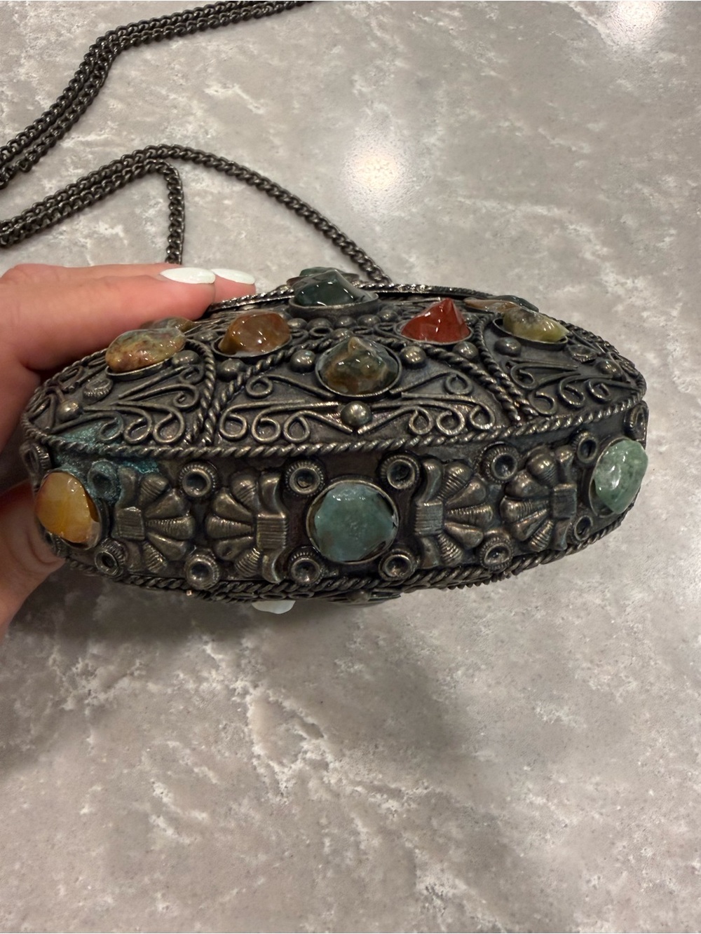Vintage Indian Artisan Gemstone Metal Box Purse Filigree Crossbody Sajai - Picture 7 of 16
